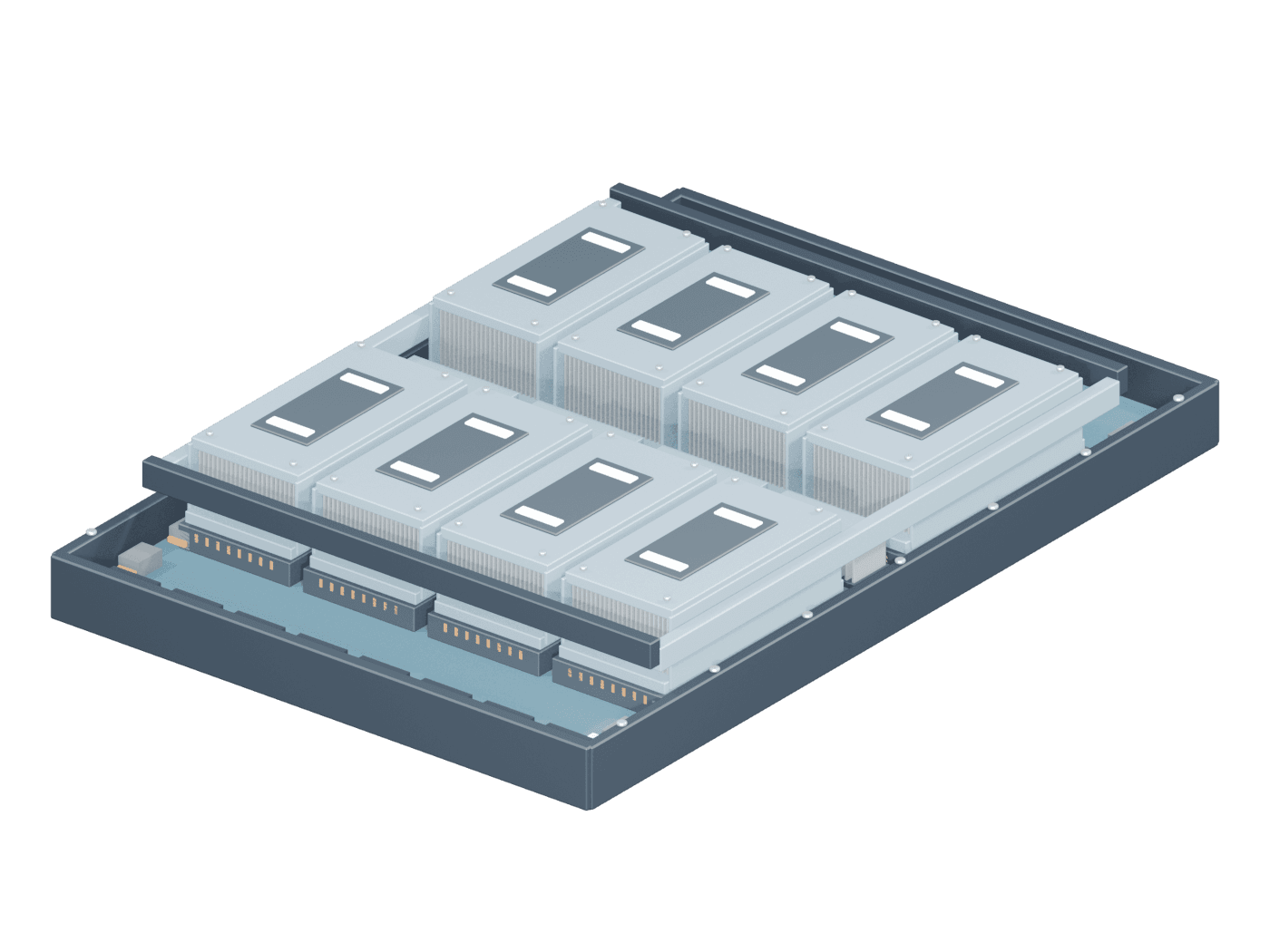 Illustrative eight-H100 GPU tray: two rows of four shorter silver heatsinks, with the rest of the server omitted. Not CAD.